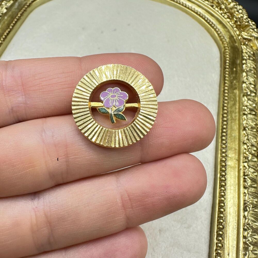 Vintage Jewelry Gold Tone Circle with Pink Flower Brooch Pin